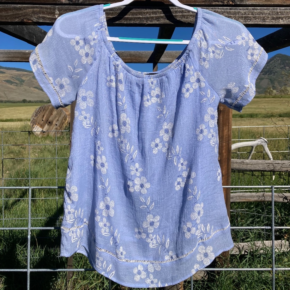 Blue and White Floral Blouse